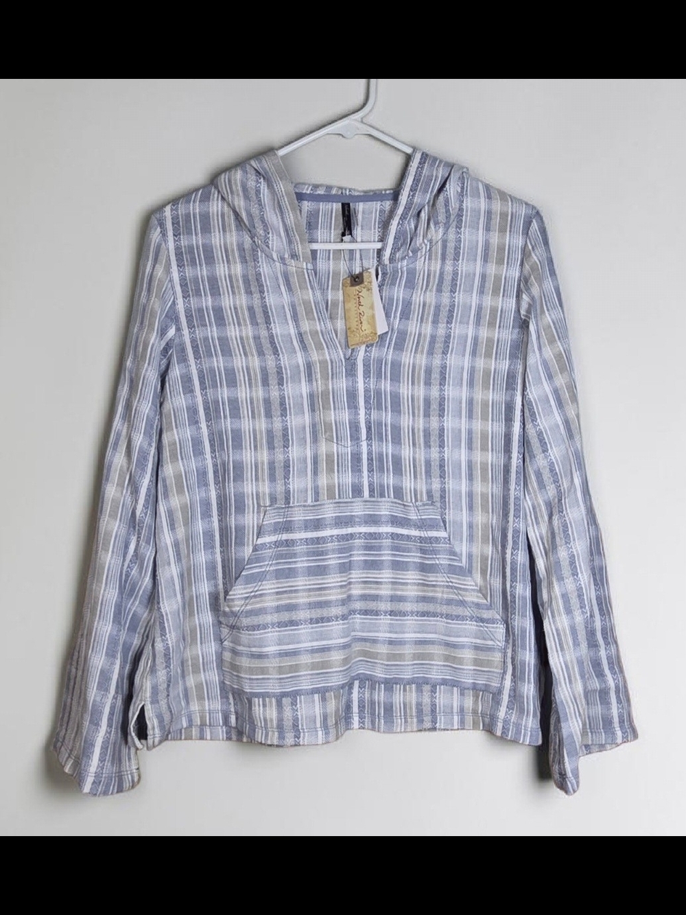 North River Striped Baja Hoodie Beach Poncho Pullover Blue Gray White Size Med. - Picture 1 of 10